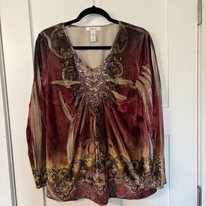 Velvet Burnout Graphic V-Neck Long Sleeve Burgundy Gold Medium Whimsigoth Boho